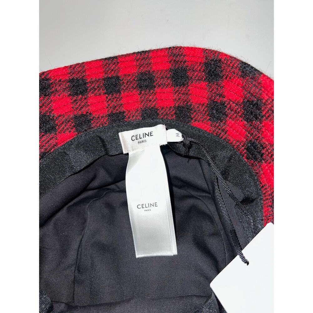 Celine Paris Black Red Checkered Check Wool White Logo Sun Fall Bucket Hat M - Picture 10 of 10